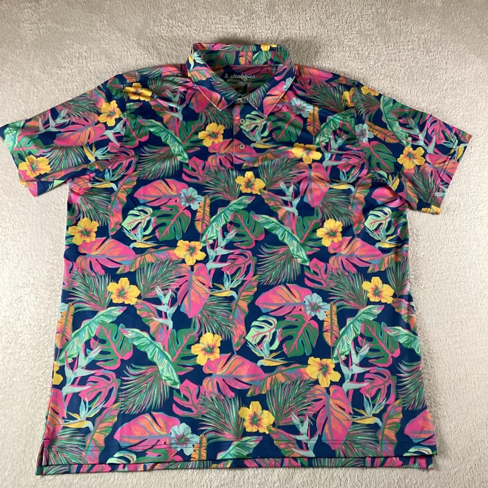 Chubbies Mens XXL Tropical Floral Palm Leaf Performance Polo Shirt Blue Pink - Picture 2 of 7